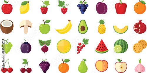 Colorful collection of various fresh fruit and vegetable icons including apple banana watermelon and berries, healthy organic food set flat vector illustration.
