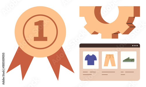 Business goals, e-commerce, product promotion, achievement motivation, online shopping efficiency, success. Gear, award ribbon and online store with products. E-commerce and business goals concept