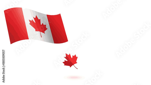 Waving Canadian Flag and Falling Maple Leaf on White Background