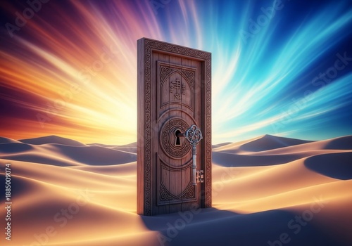 Surreal desert vista where a massive wooden door mysteriously appears, unlocked by a small, intricate antique key, wood, adventure, heat