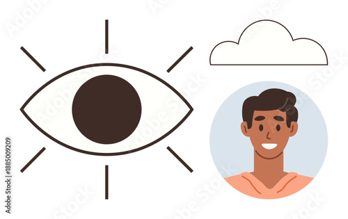 Digital communication, identity verification, self-expression, online interaction, mental clarity, awareness. Eye illustration, cloud and smiling person icon. Digital communication and identity