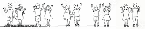 line art of two small children raising their hands together