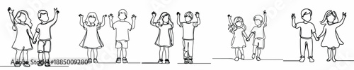 line art of two small children raising their hands together