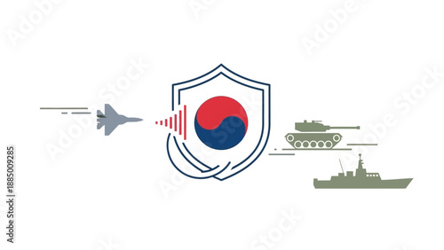 South Korea Defense Shield with Military Aircraft, Tank, and Ship