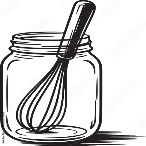 A simple black and white line drawing of a mason jar with a whisk inside of it on a white background