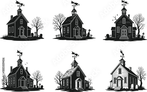 Haunted house silhouette, spooky church, witch weather vane, graveyard scene, eerie architecture, Halloween illustration, gothic building, flying bats, creepy tree, horror theme, abandoned structure