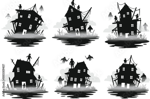 Haunted house silhouette, spooky building, ghost reflection, eerie landscape, broken windows, foggy scene, horror illustration, creepy architecture, Halloween theme, shadowy figure, abandoned