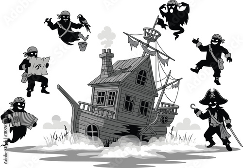 Haunted pirate ship illustration, ghost pirates cartoon, spooky sea adventure, eerie vessel, Halloween theme, misty ocean, skeleton crew, scary pirate art, black and white drawing