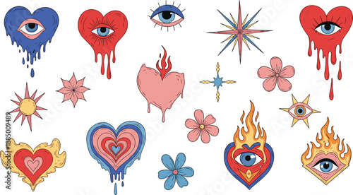 Colorful tattoo with hearts eyes flowers and flames