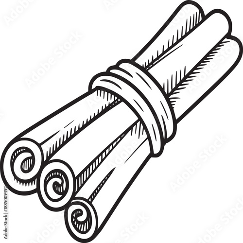 A sketch of three cinnamon sticks tied together with a string on a white background in black and white