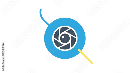 Camera lens aperture icon with magnifying glass, search concept