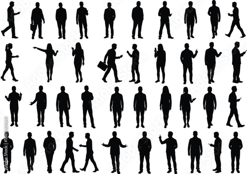 Human silhouette collection, walking and standing, black and white, posture variety, gesture icon, business attire, briefcase pose, motion study, character design, body language