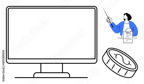 Blank desktop monitor with a teacher holding a document and pointer, large currency coin nearby. Ideal for finance, education, investment, analysis, business strategy, training, and digital