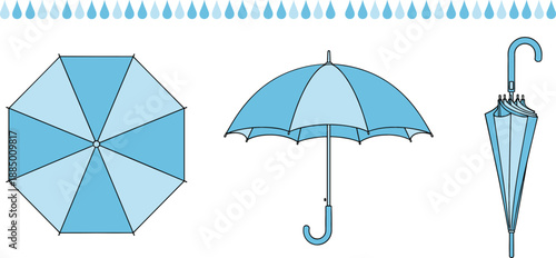Blue umbrella set with open closed and top view angles plus falling raindrop pattern, weather protection and rainy season flat vector illustration.