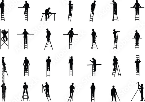 Ladder and scaffolding workers, construction silhouettes, black outline, tool usage, climbing poses, safety concept, occupational activity, industrial labor, job site actions, manual work, elevation