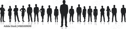 Leadership silhouette, group of people, black and white, central figure, team dynamic, individuality, social structure, reflection effect, standing pose, organizational concept, unity icon