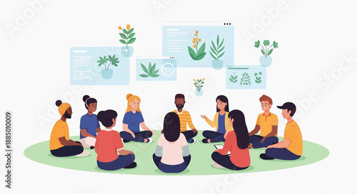 Diverse group discussing environmental issues in a circular formation outdoors with illustrations of plants and earth surrounding them