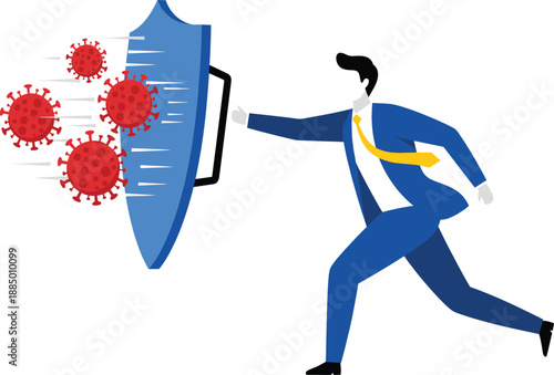 Professional businessman using a blue shield to block flying virus cells, health protection and immune system defense flat vector illustration.