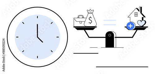 Financial balance concept. Financial balance involves weighing money and work against personal time, health, and housing. Financial balance for life planning, productivity, investments, budgeting