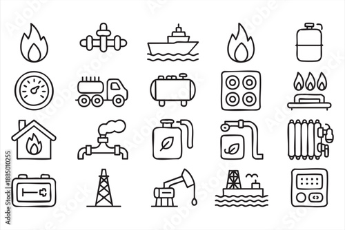 Gas Utility Line Icons for Heating Systems and Fuel Transport