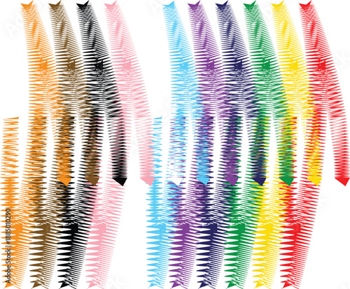 An abstract art piece features colorful plastic feathers and a hairbrush comb isolated on a black background to create a fashion beauty object