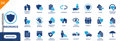 Insurance icon. Including property damage, compensation, health insurance, claim, fraud detection, policy expiration. Solid vector icons collection.