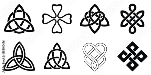 Endless knot, buddhism spiritual symbol with celtic intertwined knot patterns, medieval ornamental design for heritage art, vector illustration.