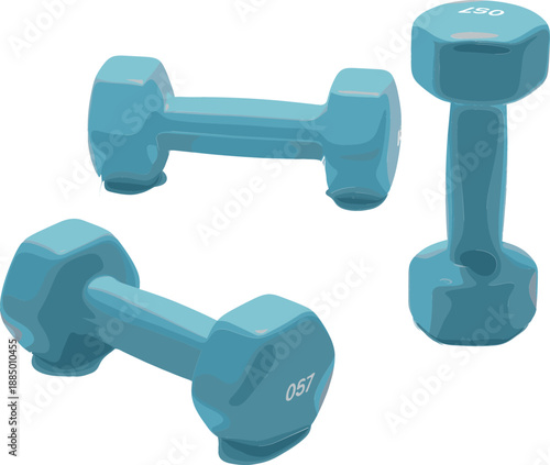Set of three blue dumbbells for strength training and home workouts, fitness equipment for exercise bodybuilding and healthy lifestyle flat illustration.