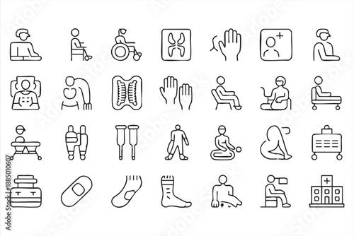 Medical Patient Care Line Icons for Hospitals, Clinics, and Rehabilitation