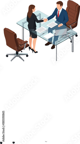 Professional business man and woman shaking hands over glass desk in office, successful partnership agreement and hiring interview isometric vector illustration.