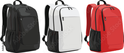 Set of professional travel and school backpacks in black white and red colors, modern rucksack collection for outdoor adventure and education.