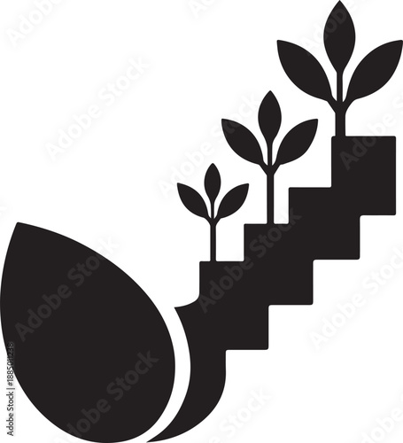 Seed silhouette transforming into a rising staircase of crops in bold abstract vector style