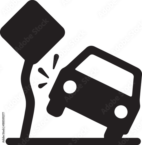 Road accident icon with bent signpost and tilted vehicle in bold silhouette vector style