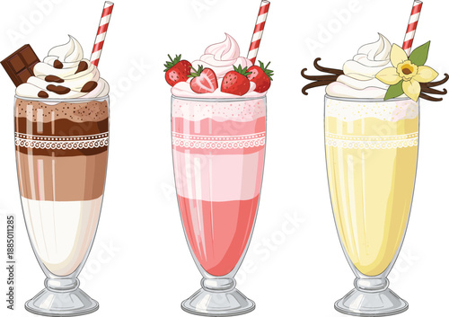 Set of three delicious milkshakes in tall glasses including chocolate strawberry and vanilla flavors topped with whipped cream and fresh fruit garnishes.