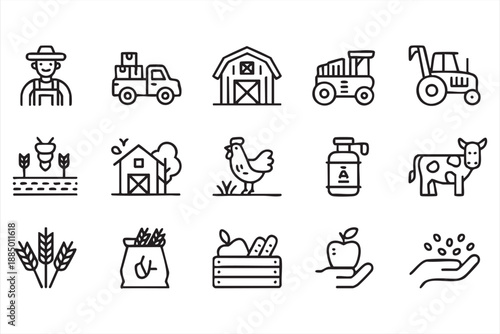 Farming and Agriculture Icons for Harvest, Livestock, and Supply