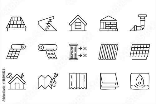 Residential Roofing Line Icons for Architecture and Home Improvement