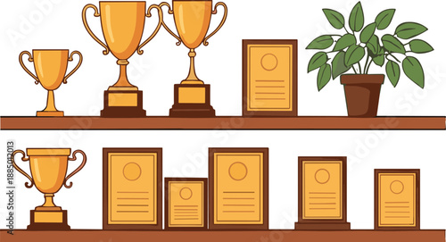 Achievement Trophy Shelf Vector Illustration with Award Cups, Certificates, Plaques, and Office Recognition Display Design