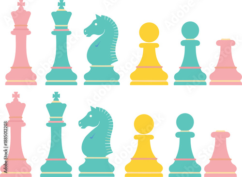 Colorful Chess Pieces Vector Set with King, Queen, Knight, Pawn, and Rook Icons in Pastel Flat Style