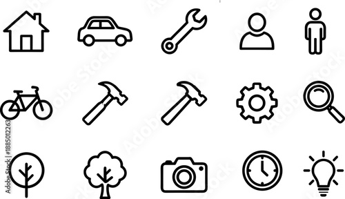 Grid of 16 black icons representing everyday objects and concepts for UI, apps, and web design