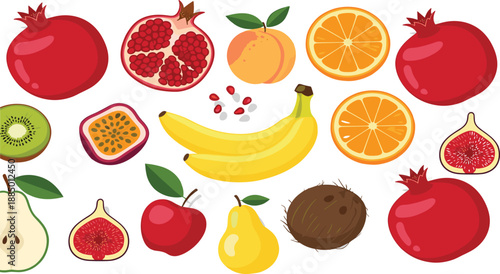 Colorful Fresh Fruit Collection Vector Illustration with Pomegranate, Orange, Banana, Apple, Pear, Fig, and Tropical Fruits