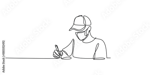 A single line art drawing of a young person wearing a cap while writing on paper
