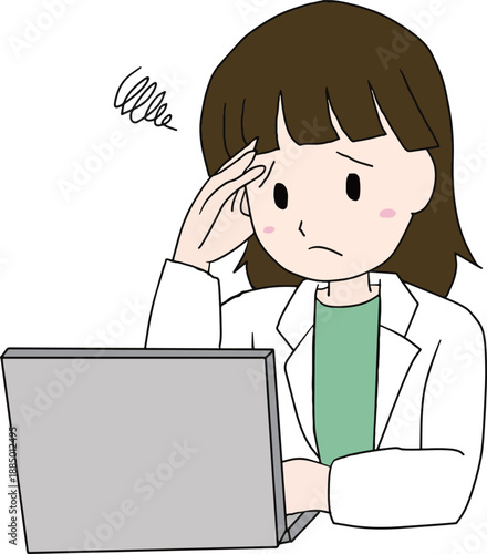 Female doctor feeling stressed while working on laptop illustration