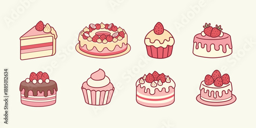 Cute Pink Strawberry Cakes and Cupcakes Doodle Set Vector Illustration