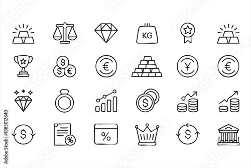 Gold Bullion Currency Exchange and Market Growth Line Icons