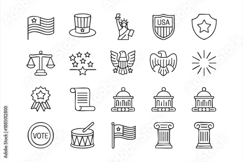 USA Patriotic Line Icons for Government Democracy and Civic Design