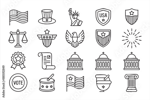 American Freedom Law and Government Line Icons for Web Apps