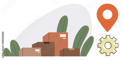 Supply chain, e-commerce, distribution, delivery services, warehouse, logistics. Stacked brown boxes, location pin and gear icon with abstract background. E-commerce and logistics concept