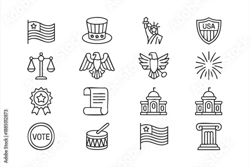 USA Civic and Political Symbols Line Icons Set