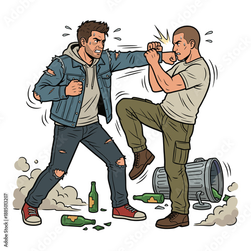 Two Men in Intense Street Fight Amid Chaos and Debris