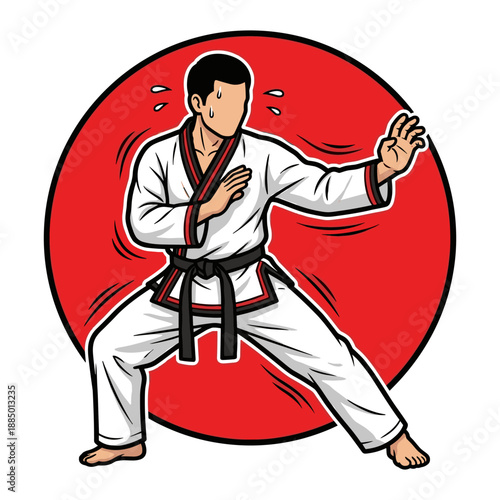 Hapkido Fighter in Defensive Stance with Red Circle Background